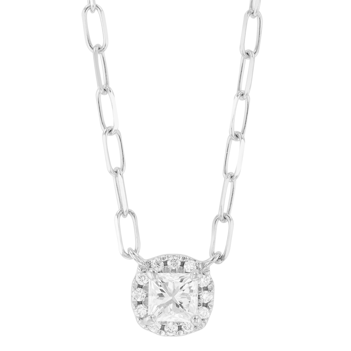 Princess Cut Diamond & Halo Pendant in White Gold, 18