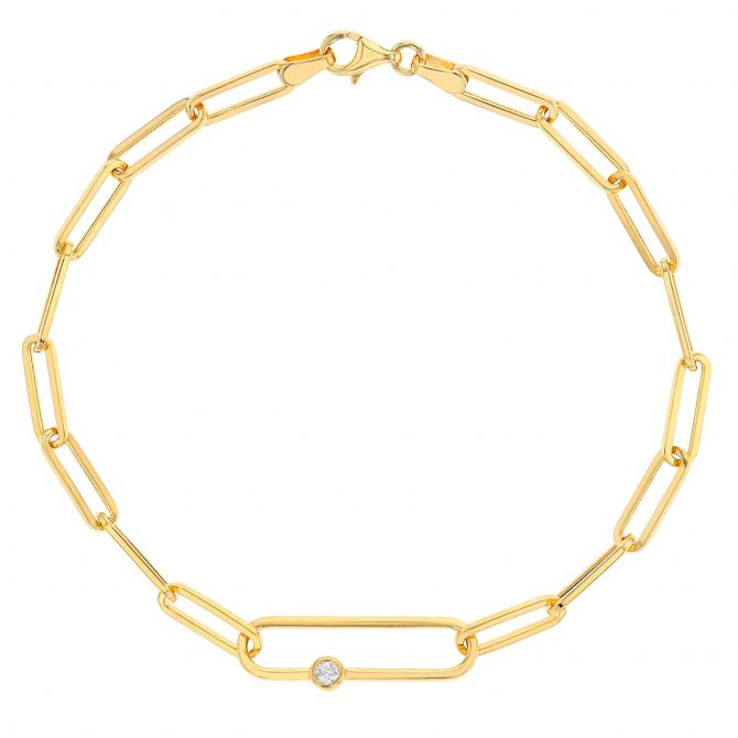 Yellow Gold Paperclip Link Bracelet with Diamond Bezel, 7.75"