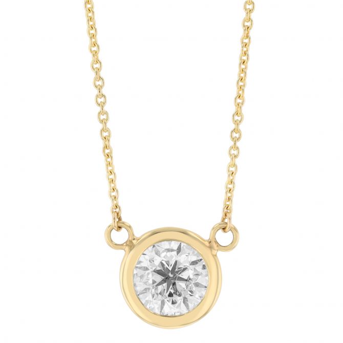 Round Bezel Set Diamond Single Station Necklace in Yellow Gold, 18", 0.86 cttw