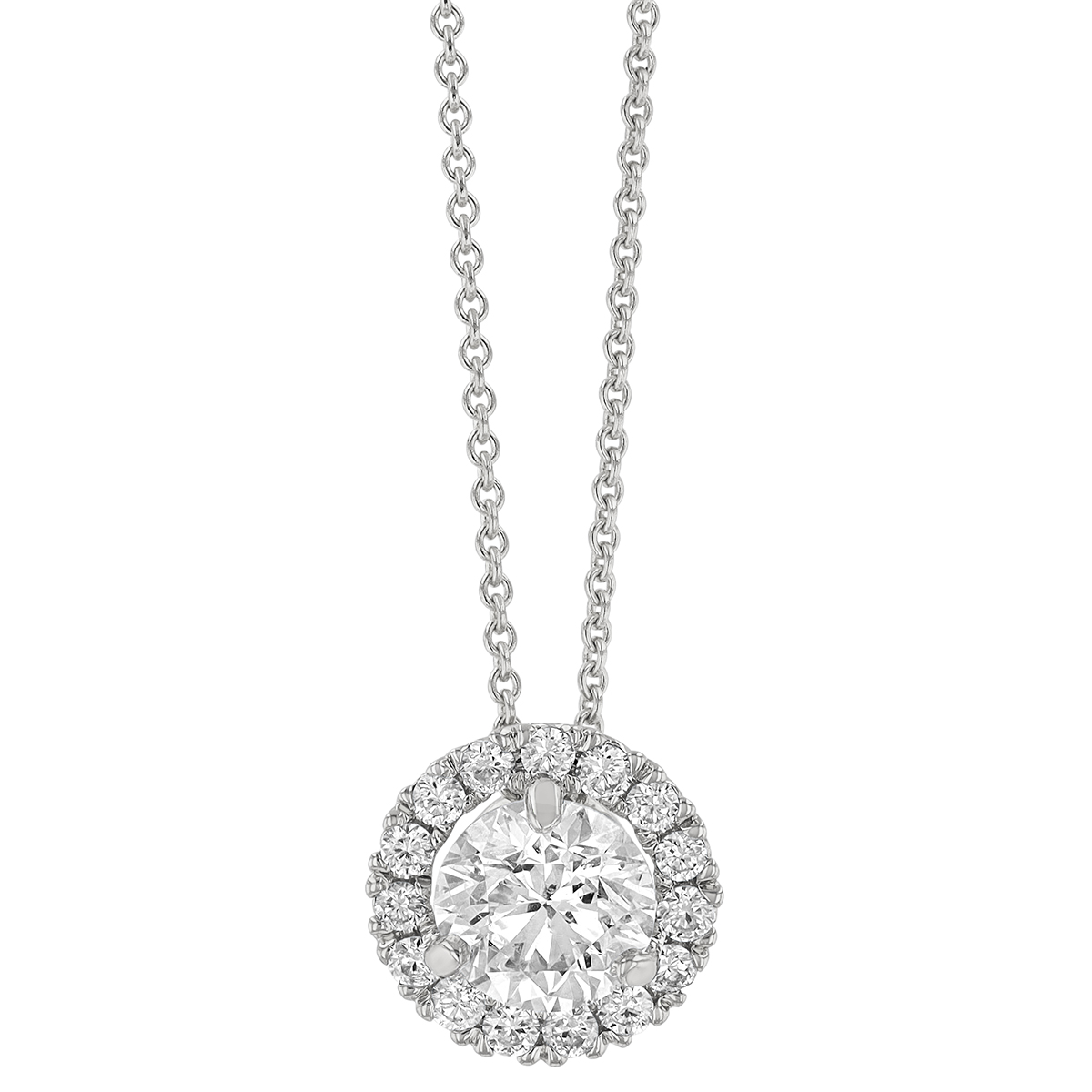 Round Diamond & Halo Pendant in White Gold, 18