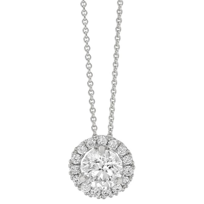 Round Diamond & Halo Pendant in White Gold, 18", 0.83 cttw