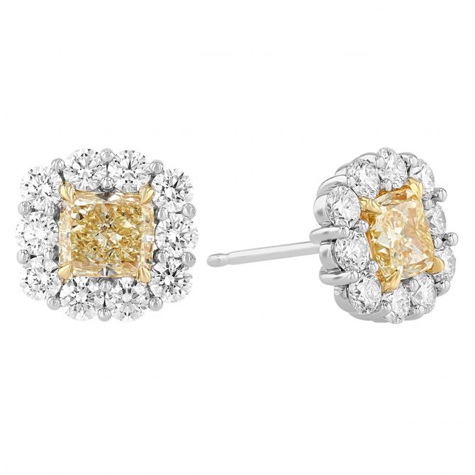 Yellow & White Diamond Halo Stud Earrings in White Gold