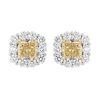 Yellow & White Diamond Halo Stud Earrings in White Gold