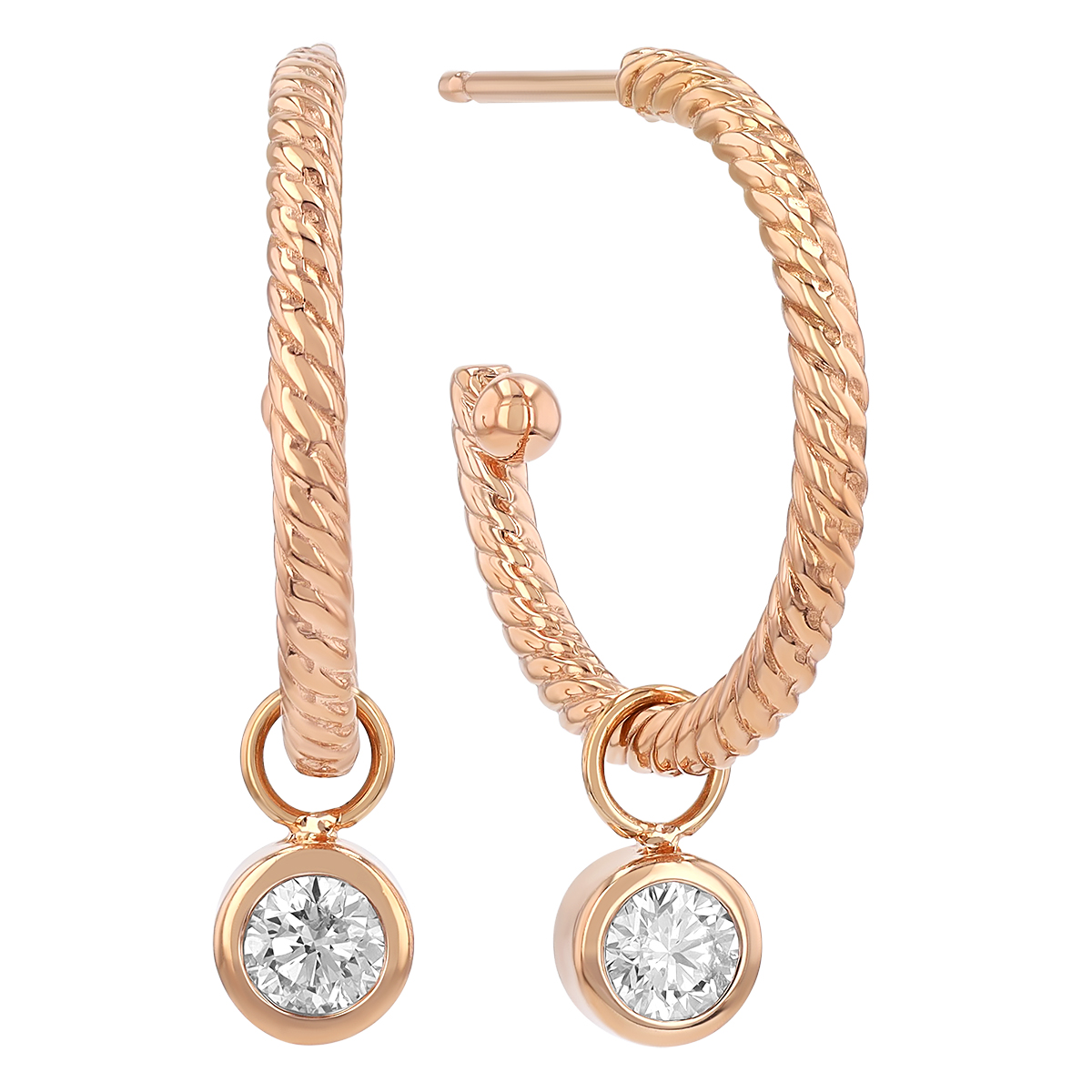 Bezel Set Diamond Dangle & Twisted Rose Gold Hoop Earrings