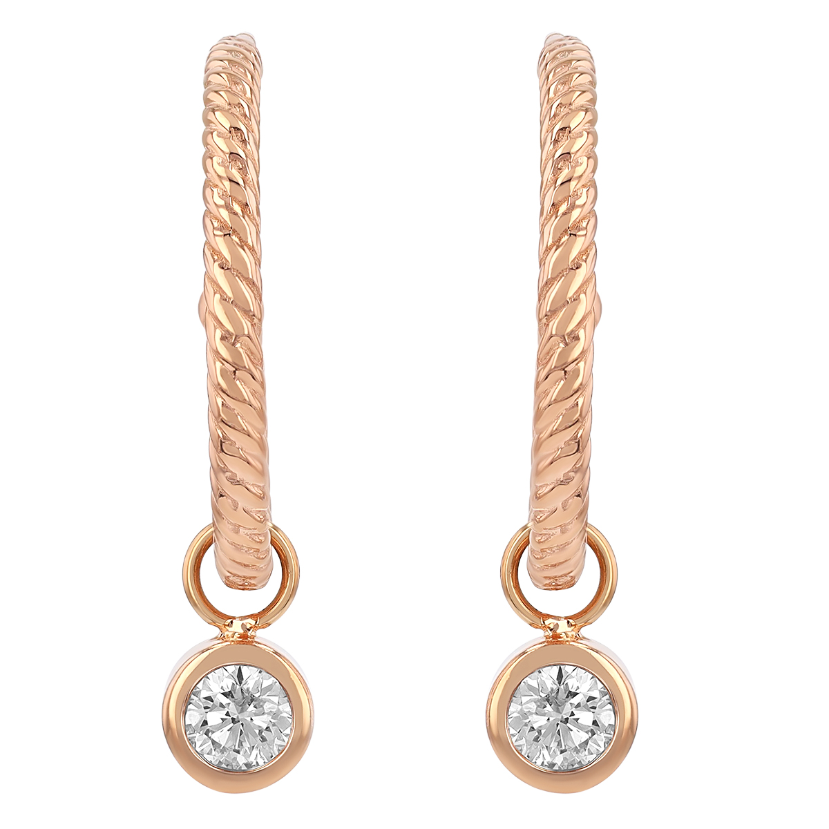 Bezel Set Diamond Dangle & Twisted Rose Gold Hoop Earrings