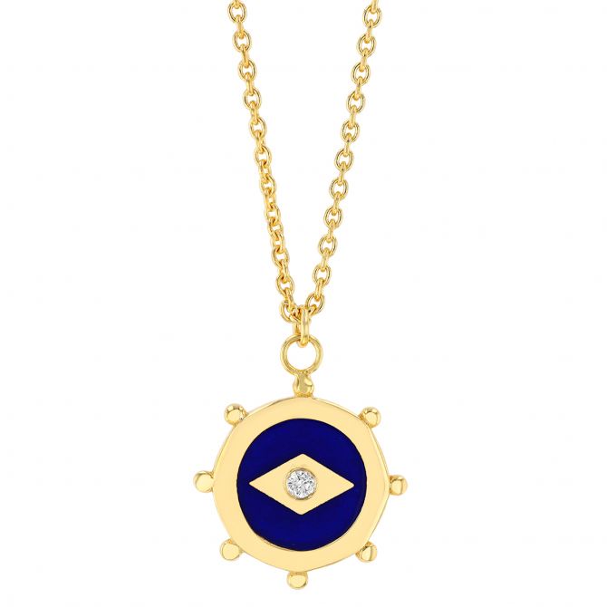 Diamond & Blue Enamel Circle Pendant in Yellow Gold, 18"
