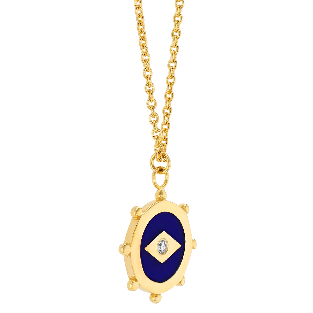Diamond & Blue Enamel Circle Pendant in Yellow Gold, 18