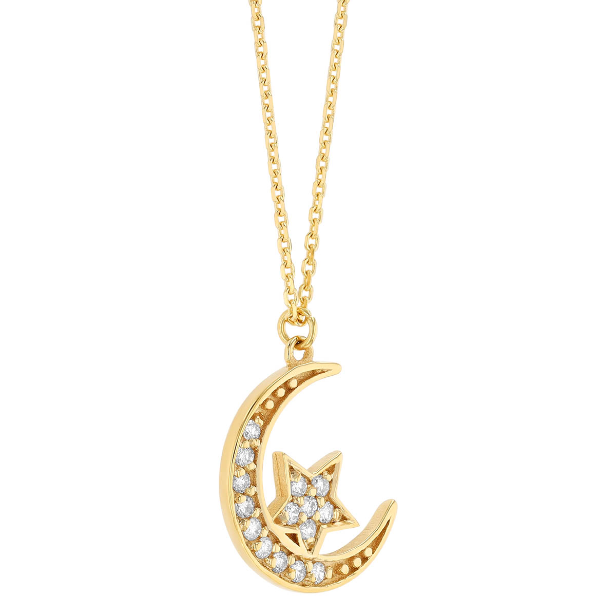 Diamond Pavé Crescent Moon & Star Pendant in Yellow Gold, 18