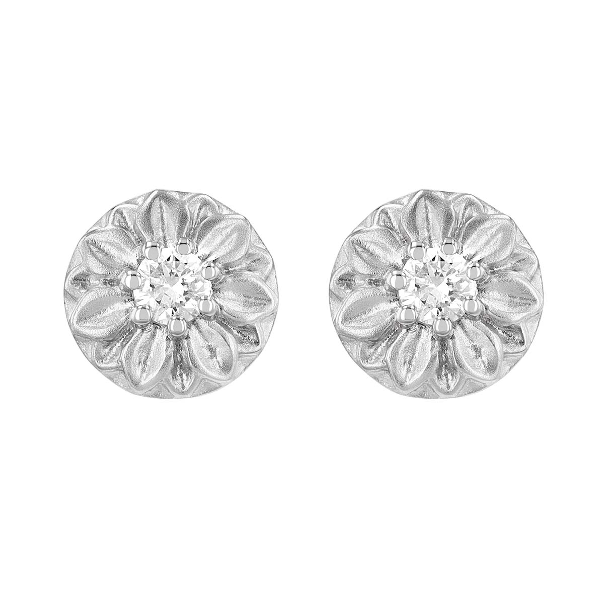 Diamond Flower Circle Stud Earrings in White Gold