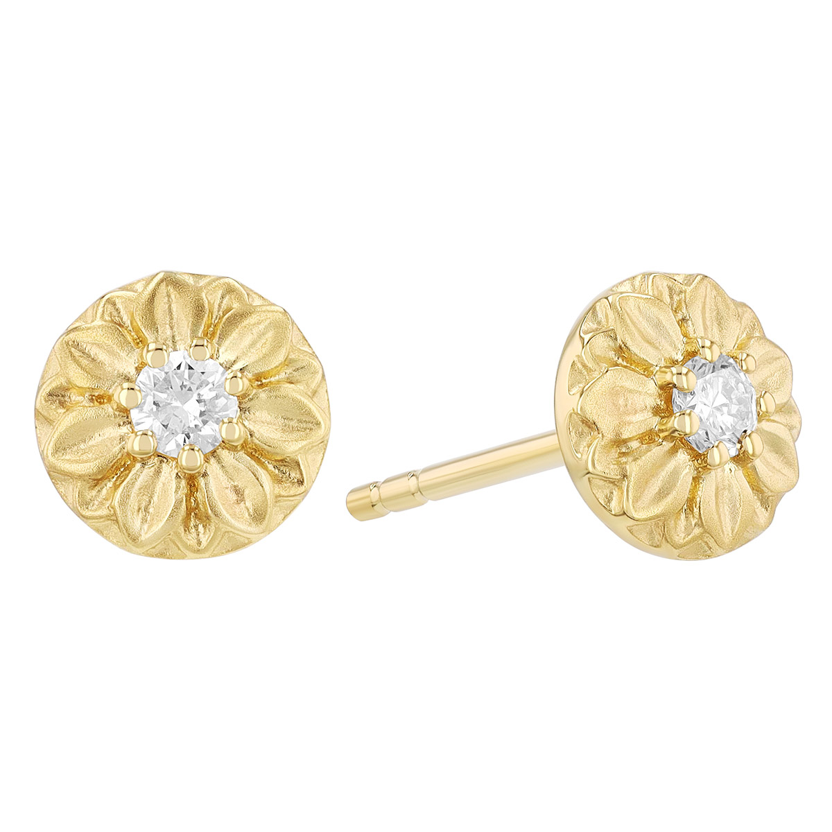 Diamond Flower Circle Stud Earrings in Yellow Gold