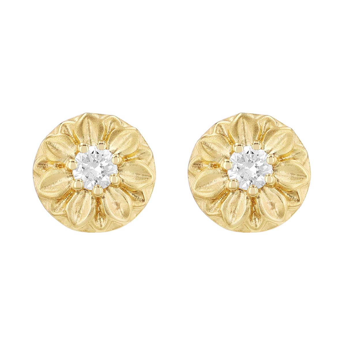 Diamond Flower Circle Stud Earrings in Yellow Gold