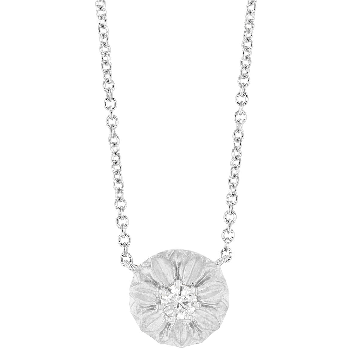 Diamond Flower Disc Necklace in Matte White Gold, 18