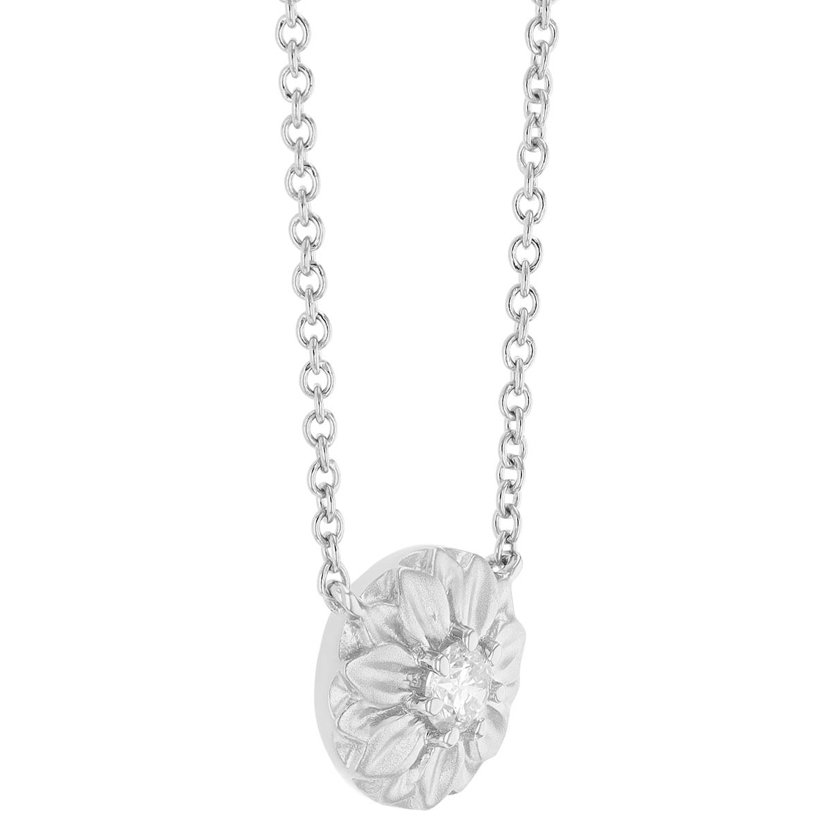 Diamond Flower Disc Necklace in Matte White Gold, 18