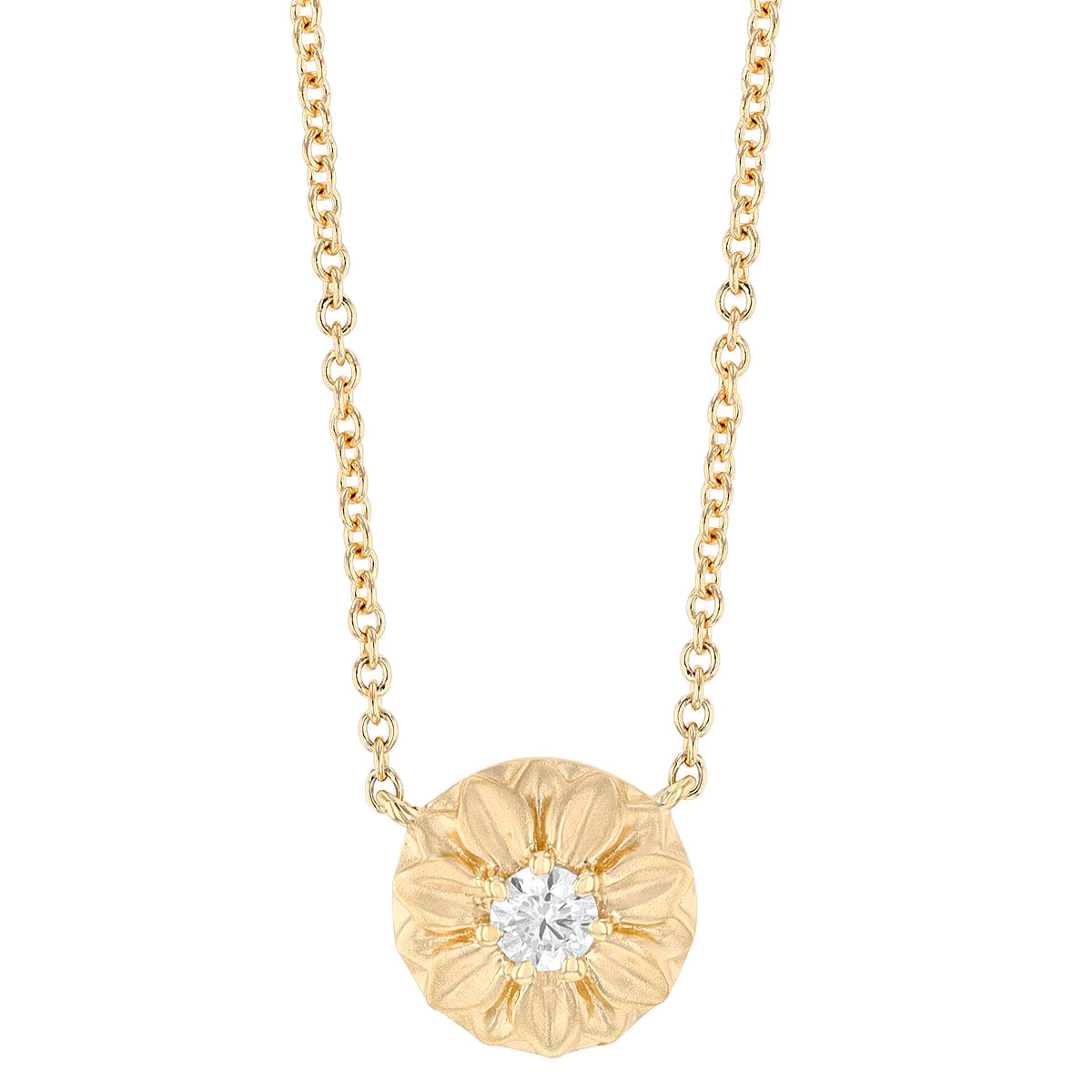 Diamond Flower Disc Necklace in Matte Yellow Gold, 18