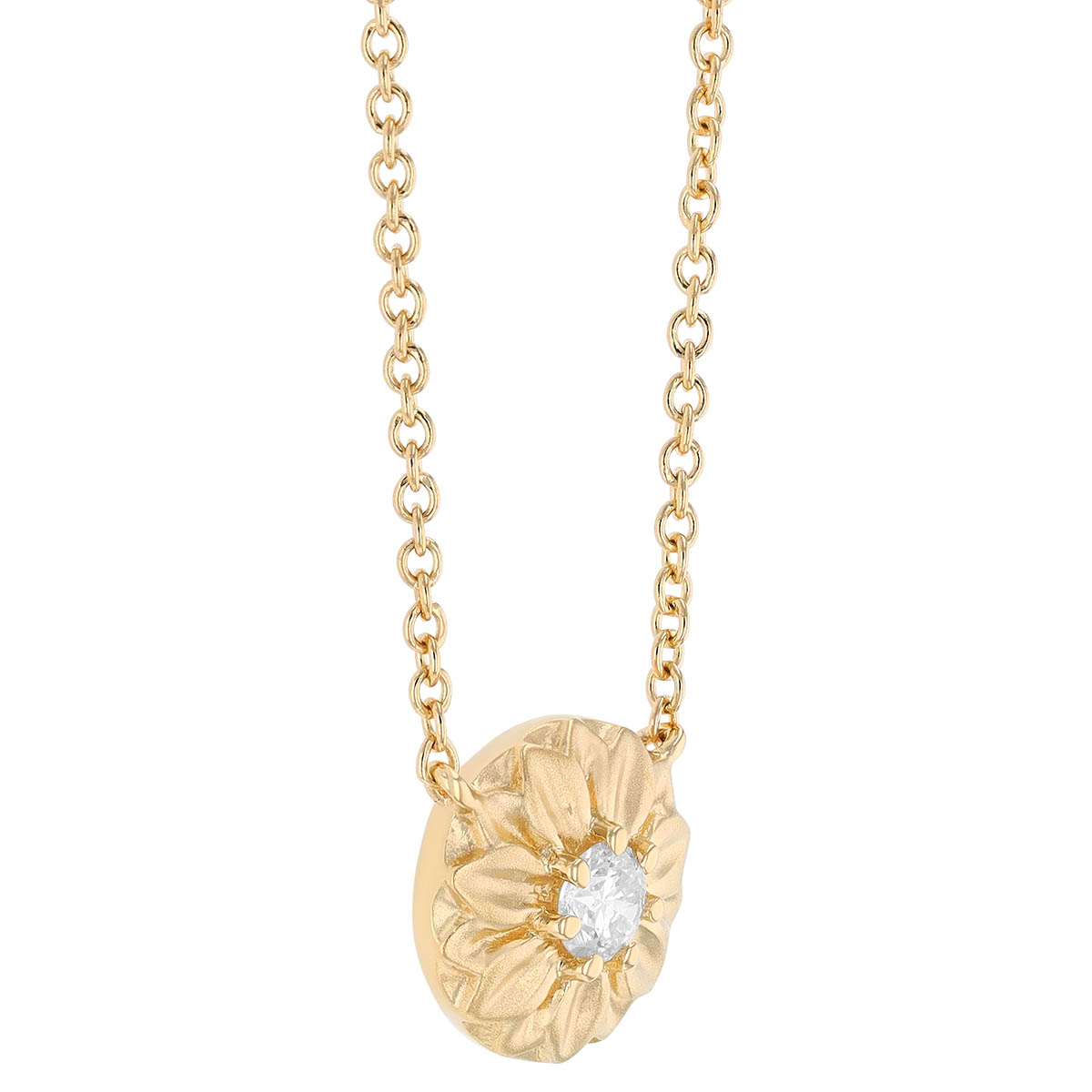 Diamond Flower Disc Necklace in Matte Yellow Gold, 18