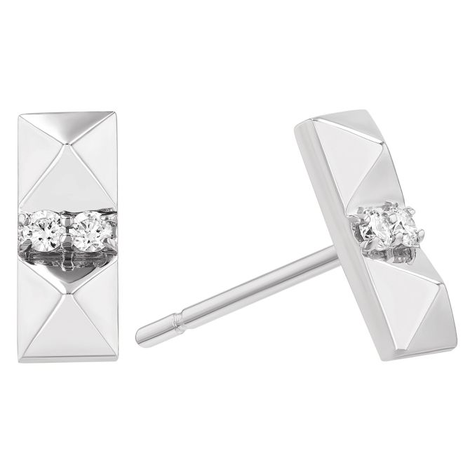 Double Diamond & Pyramid Bar Stud Earrings in White Gold