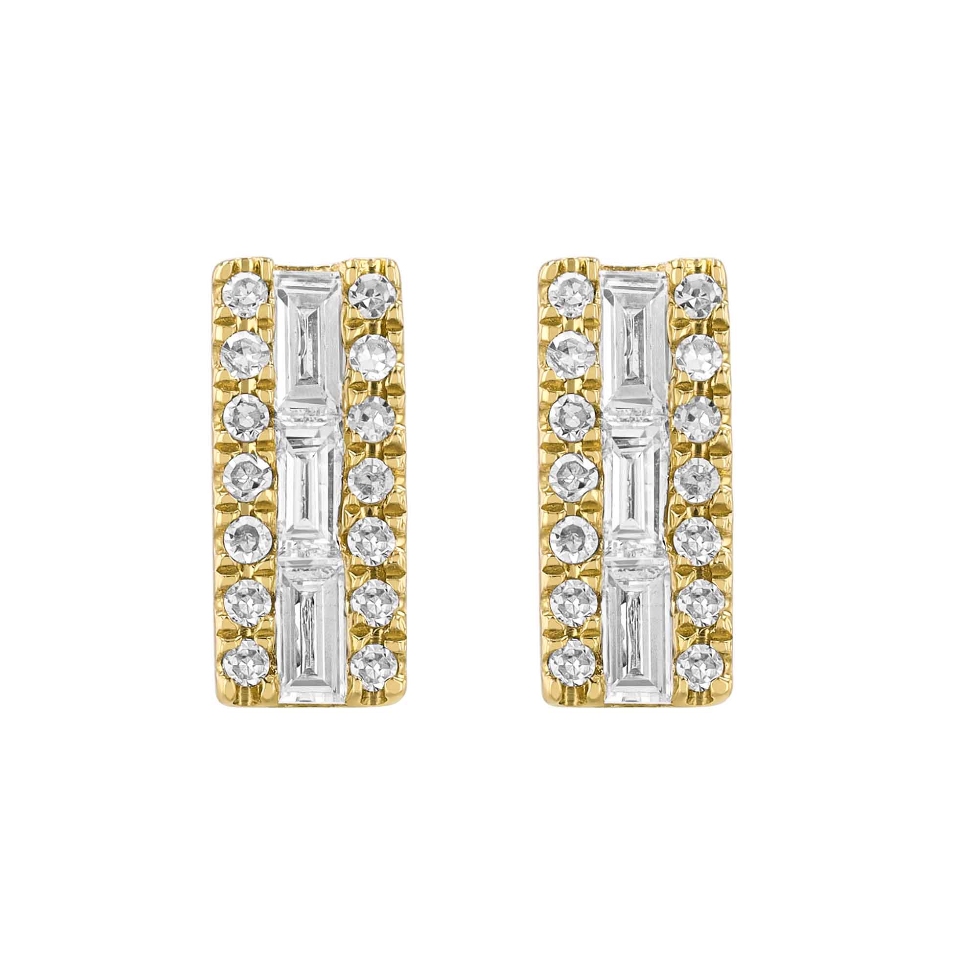 Baguette & Round Diamond Bar Stud Earrings in Yellow Gold