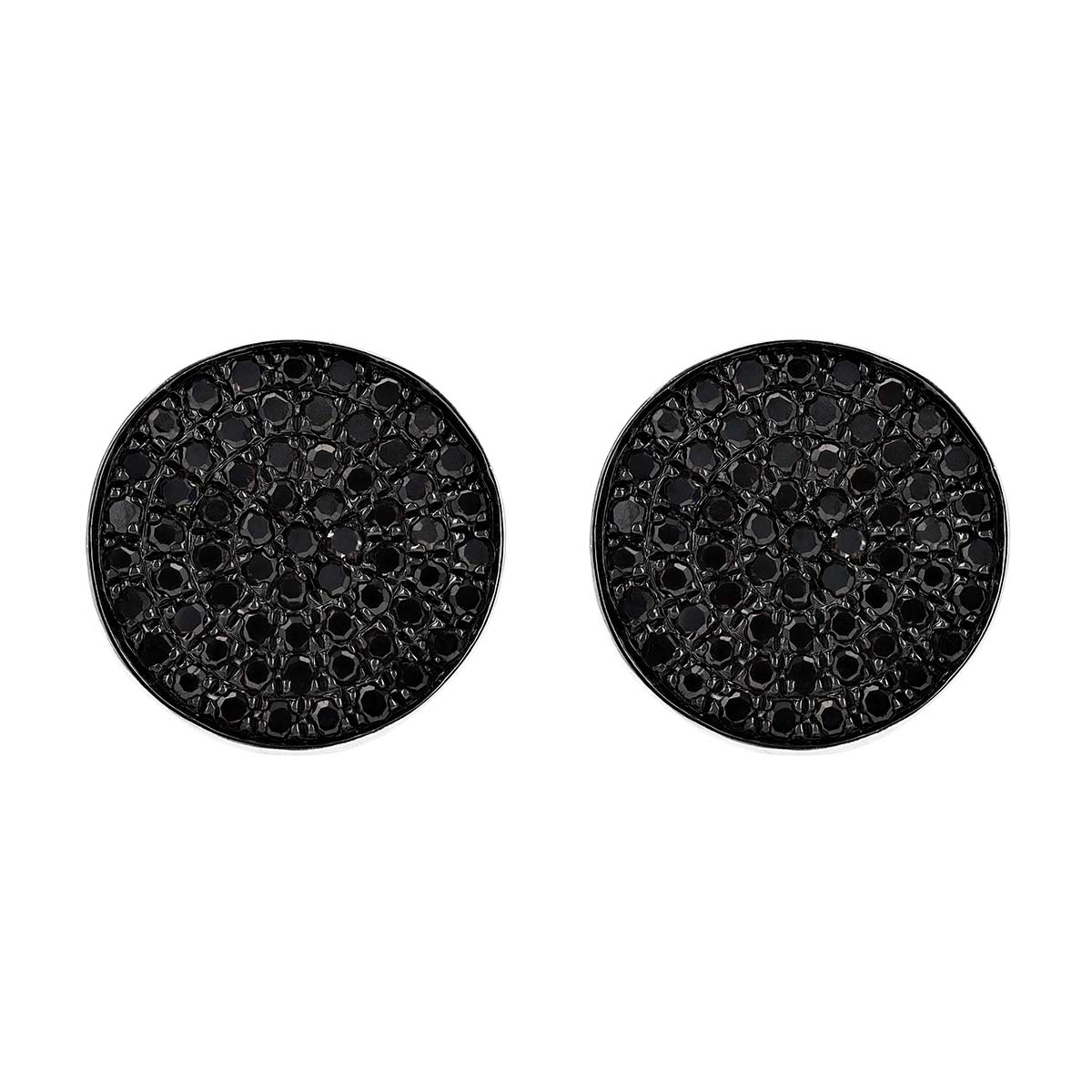 Black Diamond Bezel Round Cluster Earrings in White Gold, Large