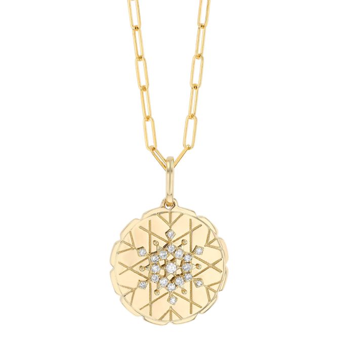 Snowflake Diamond Disc Pendant in Yellow Gold, 18"
