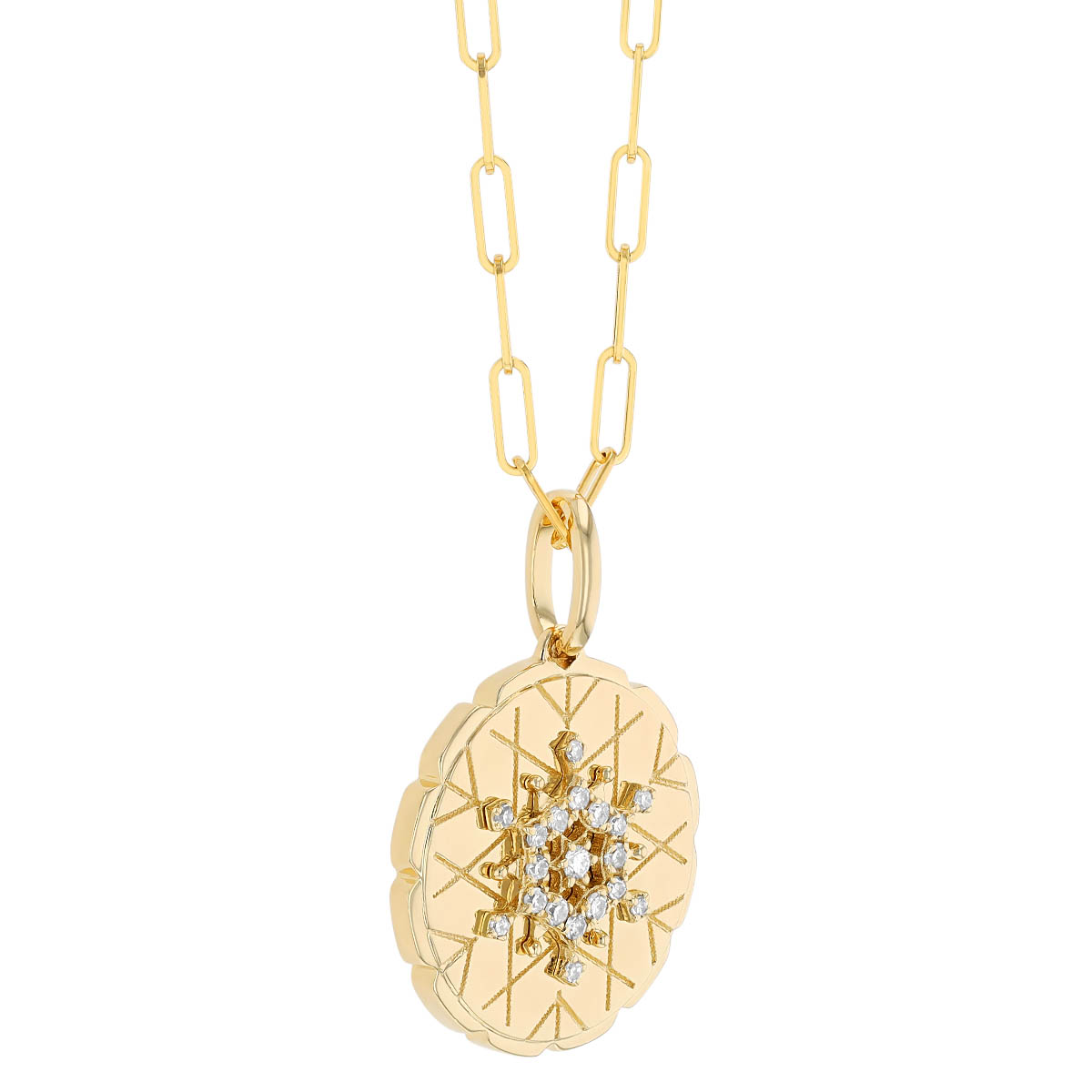 Snowflake Diamond Disc Pendant in Yellow Gold, 18