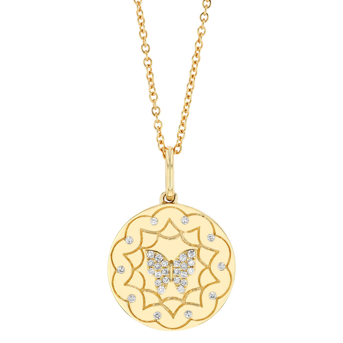 Butterfly & Mandala Diamond Disc Pendant in Yellow Gold, 18