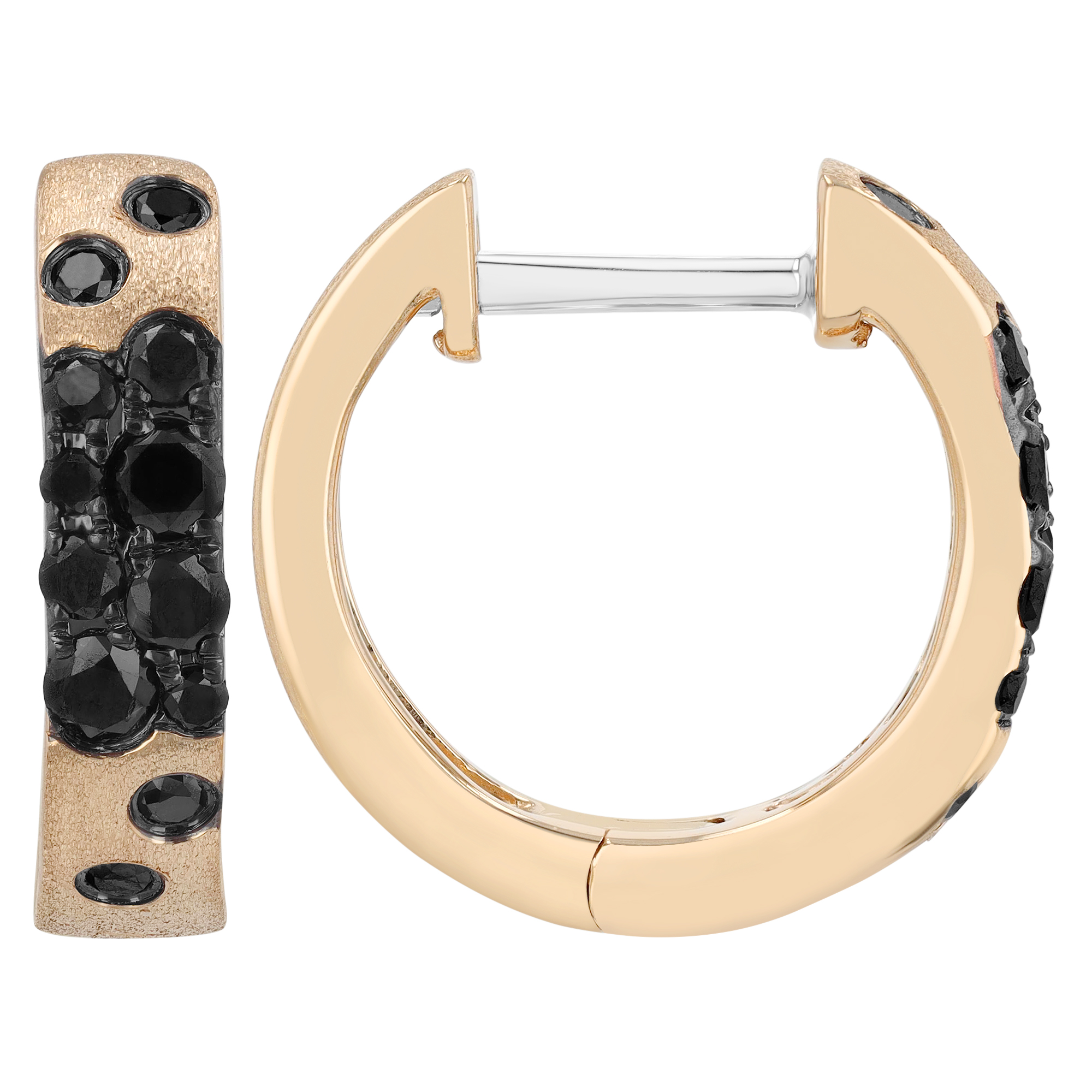 Black Diamond Scatter Huggie Hoop Earrings in Matte Yellow Gold