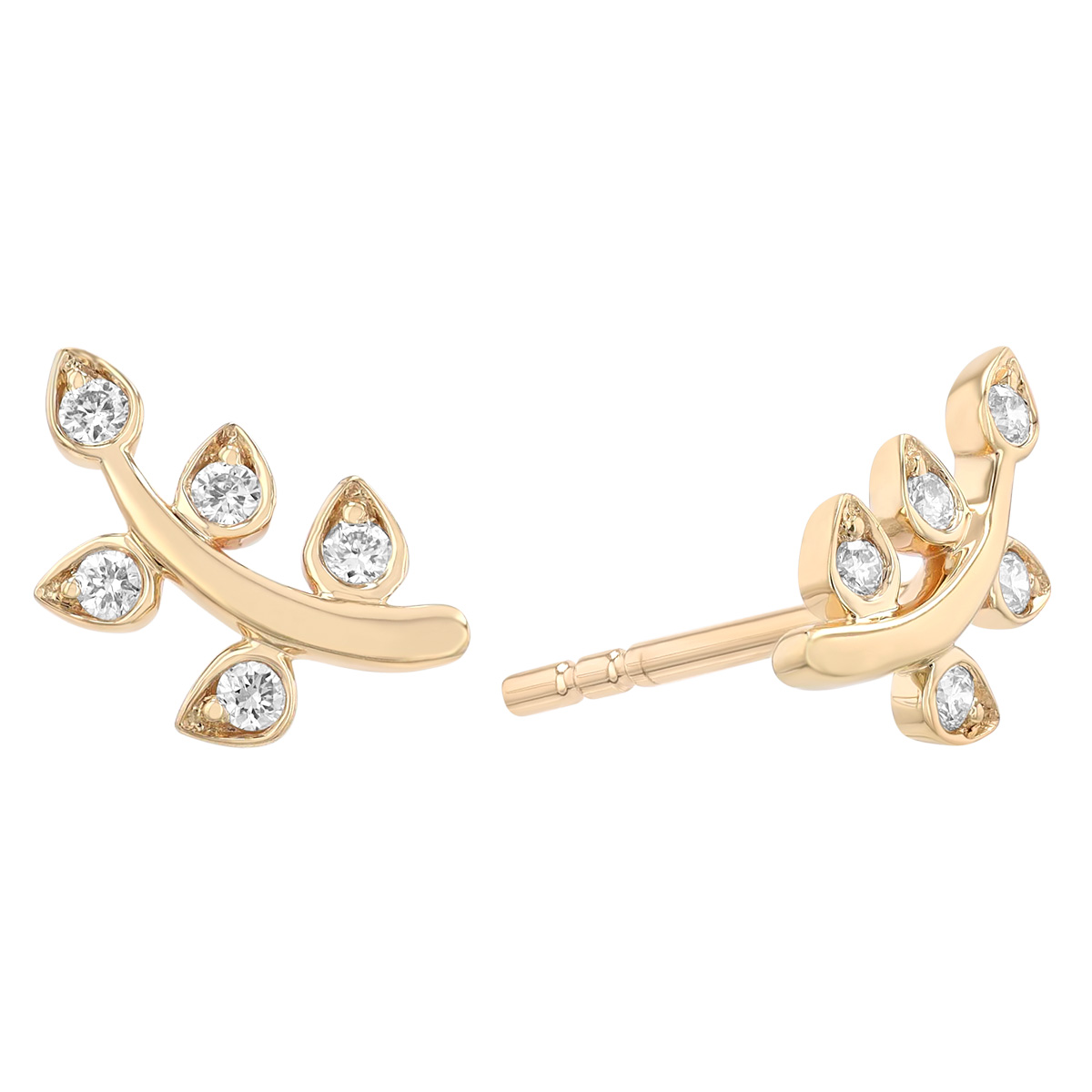Diamond Dainty Leaf Stud Earrings in Yellow Gold