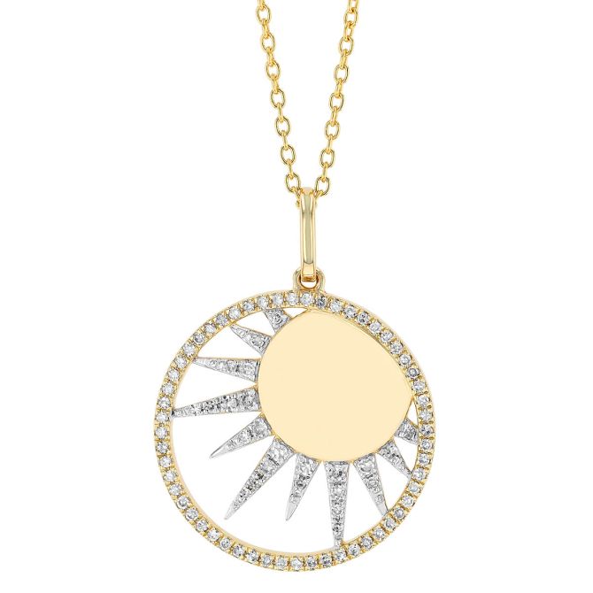 Sun Open Circle Diamond Pendant in Yellow Gold, 18"