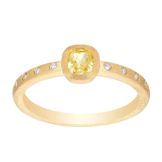 Yellow Cushion Diamond Bezel Set Ring in Matte Yellow Gold