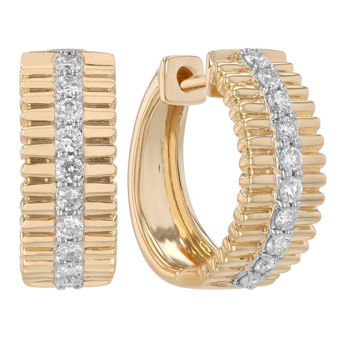 Diamond Column & Ribbed Texture Huggie Hoop Earrings in Yellow Gold