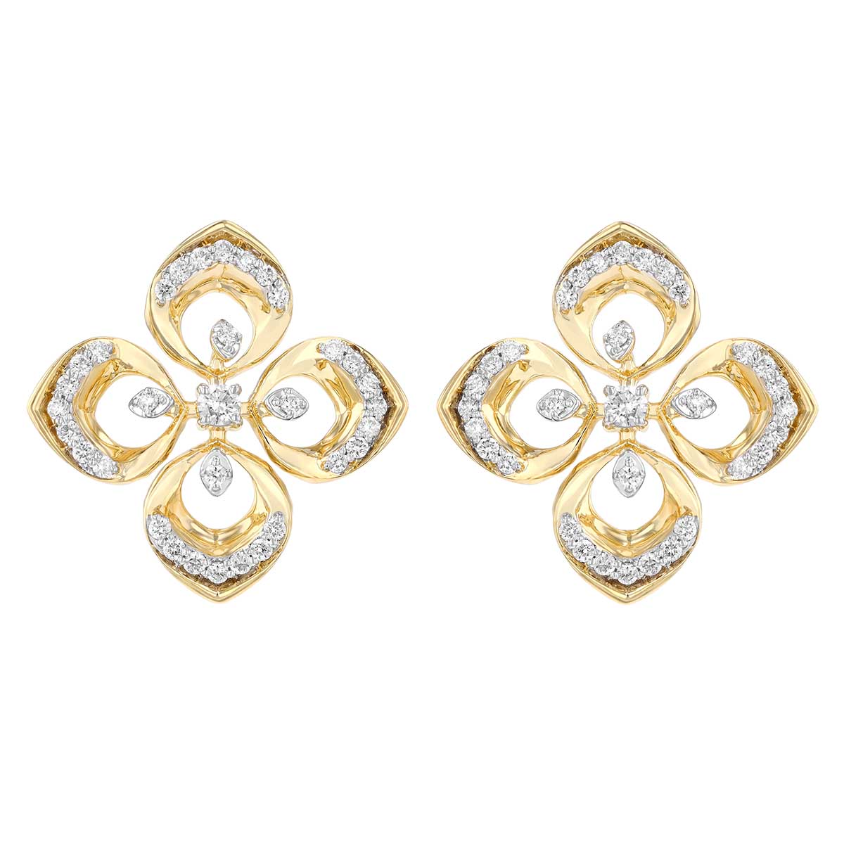 Diamond Open Petal Flower Stud Earrings in Yellow Gold