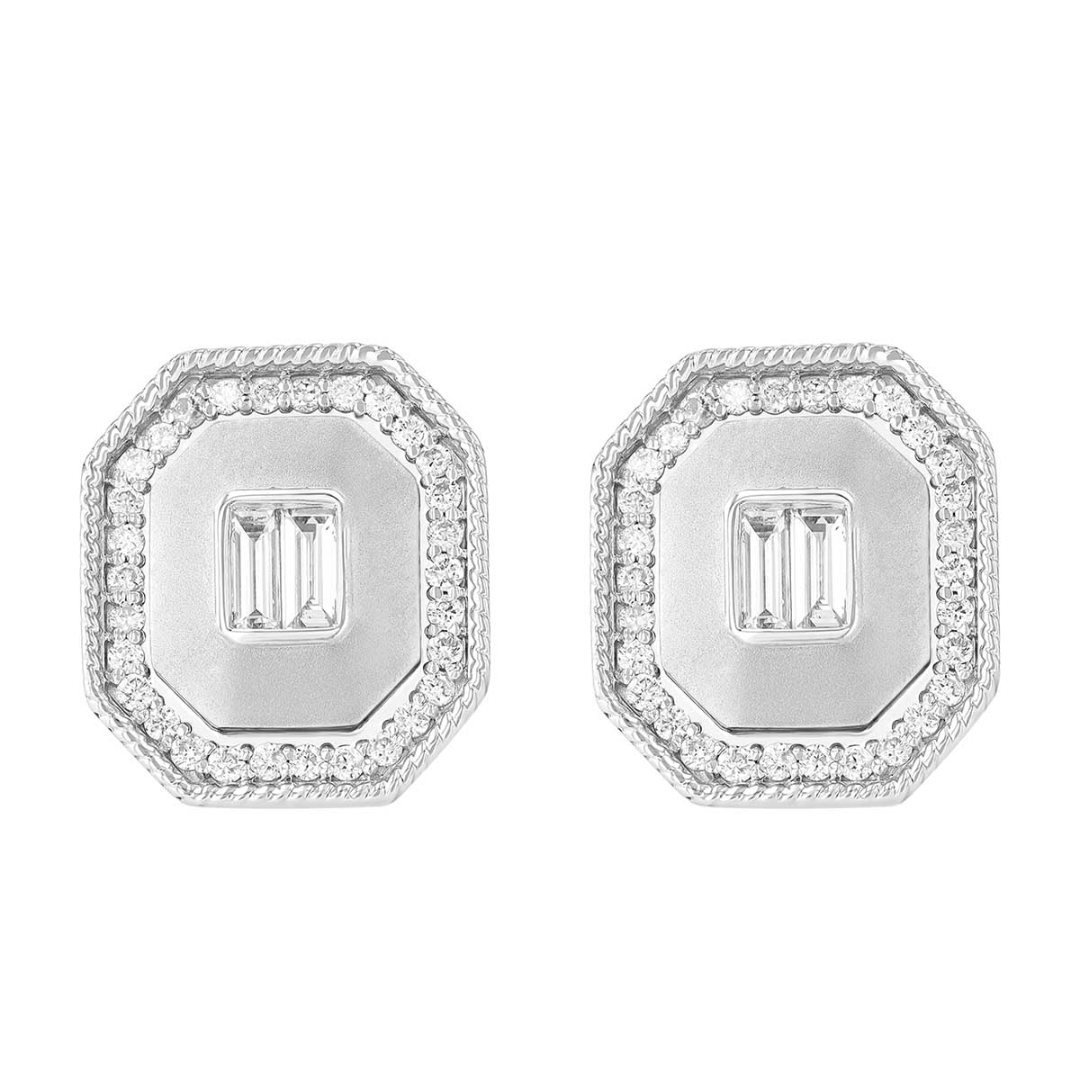 Baguette Diamond Center Geometric Stud Earrings in White Gold