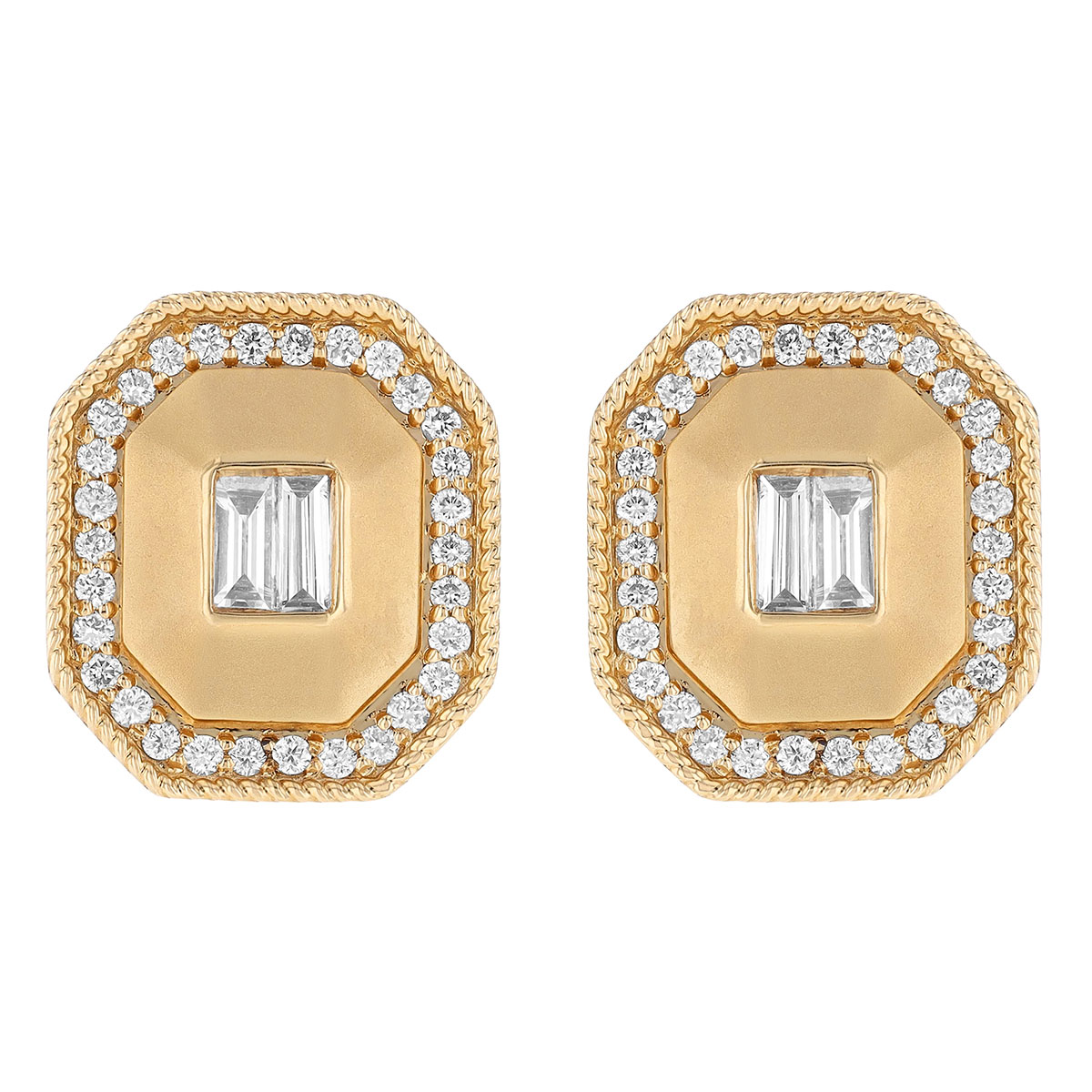Diamond & Yellow Gold Deco Style Octagon Stud Earrings