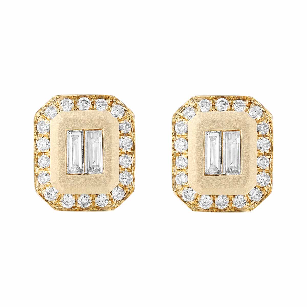 Baguette Diamond Center Square Stud Earrings in Yellow Gold
