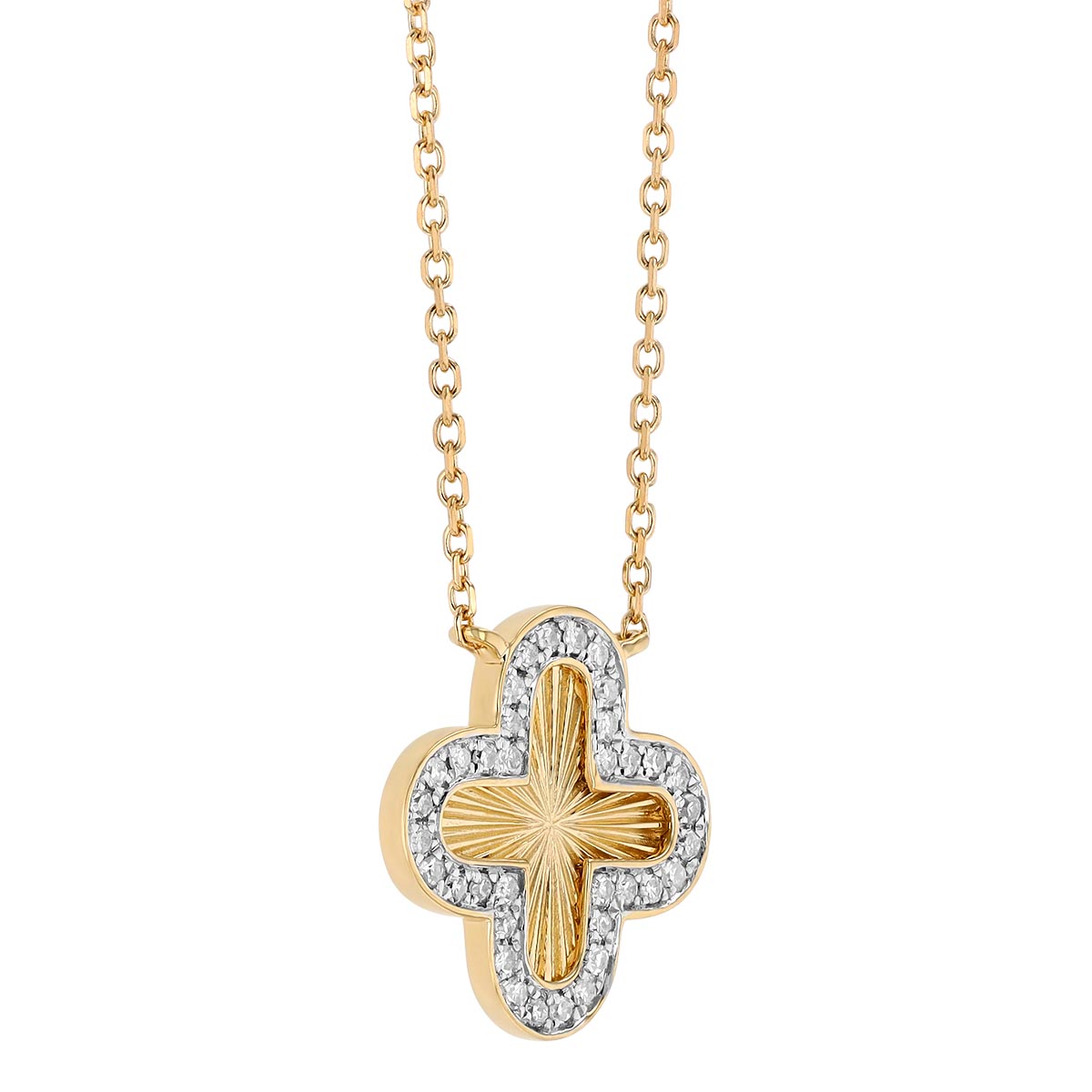 Diamond Clover Sunray Necklace in Yellow & White Gold, 18