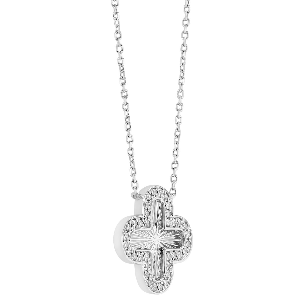 Diamond Clover Sunray Necklace in  White Gold, 18
