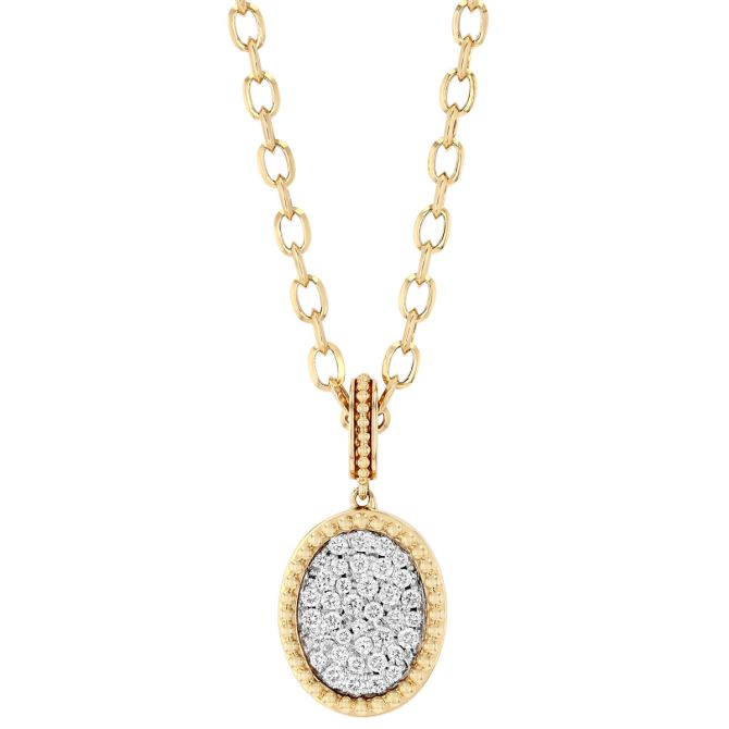 Doves Diamond Pave Oval & Beaded Edge Pendant in Two Tone, 18"