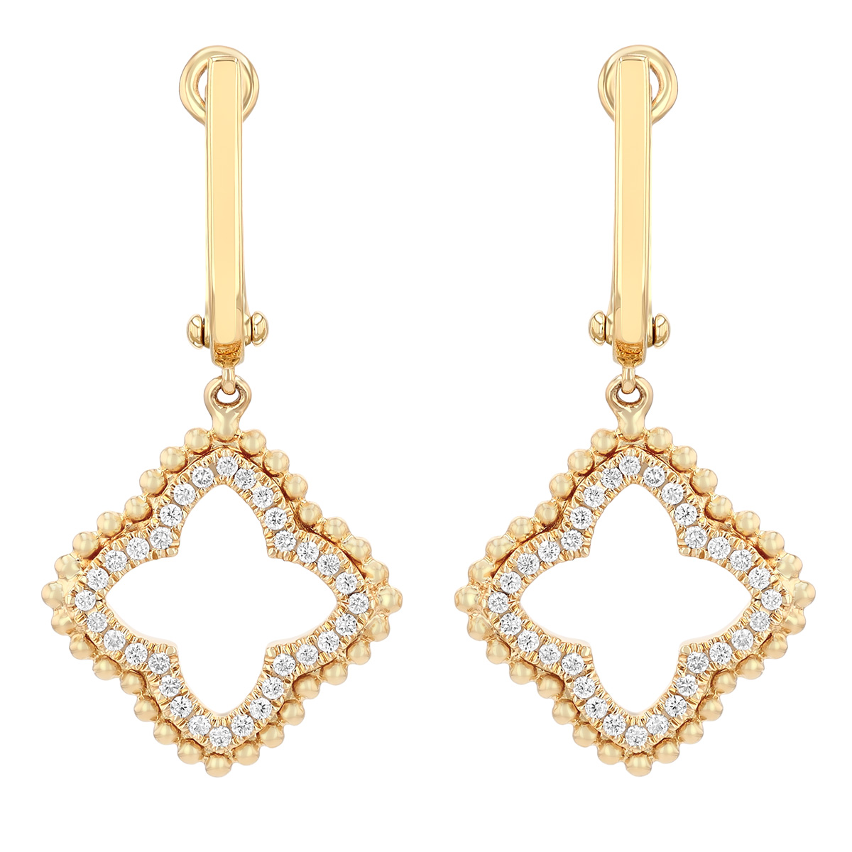 Doves Diamond Open Quatrefoil & Beaded Edge Dangle Hoop Earrings in Yellow Gold