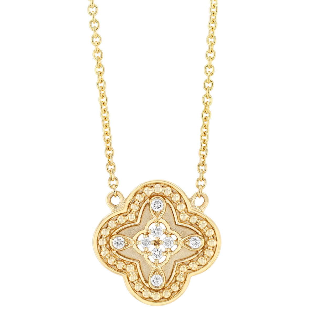 Doves Diamond & Beaded Quatrefoil Pendant in Yellow Gold, 18