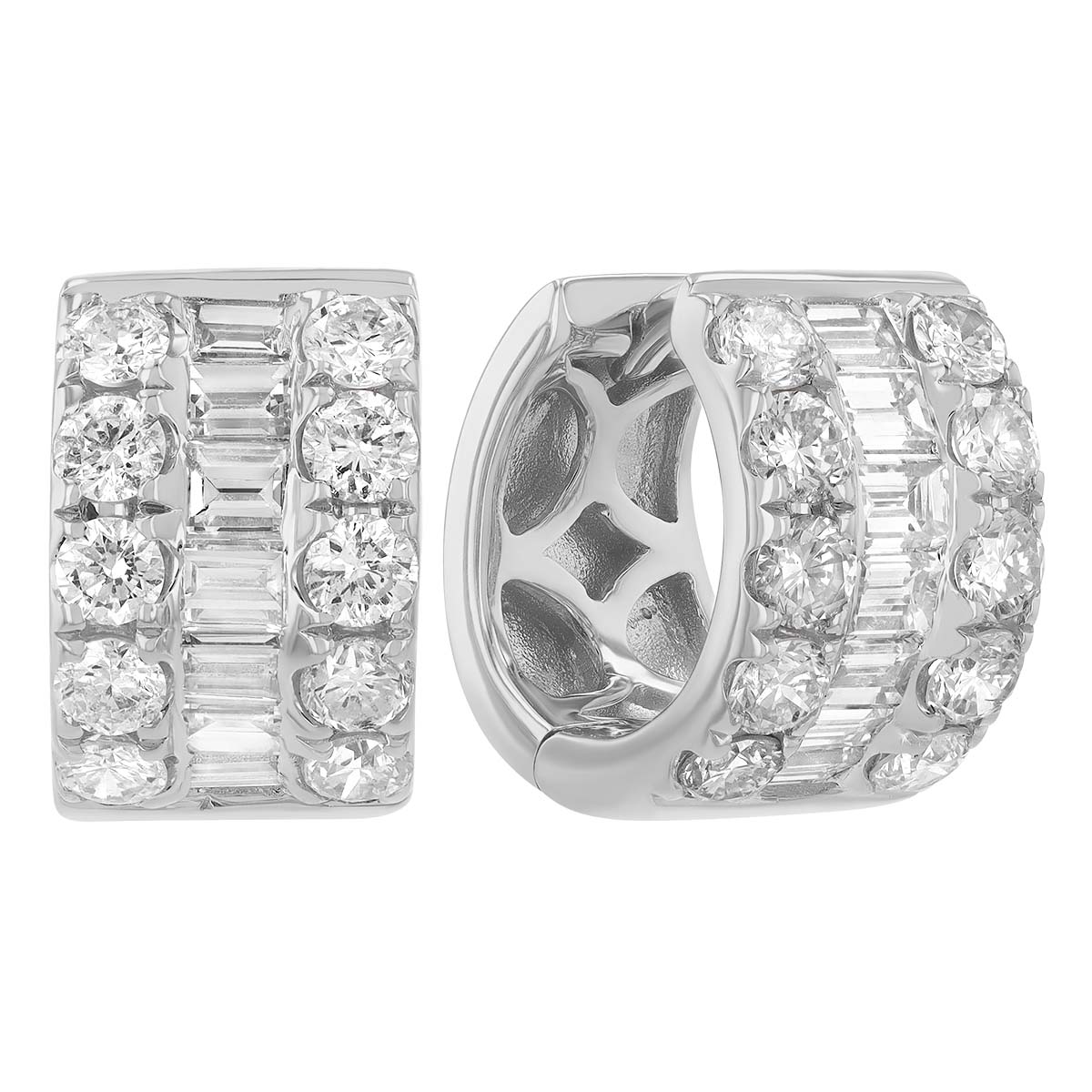 Baguette & Round Diamond Wide Huggie Hoop Earrings in White Gold, 1.42 cttw