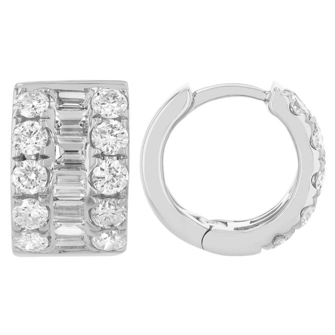 Baguette & Round Diamond Wide Huggie Hoop Earrings in White Gold, 1.42 cttw