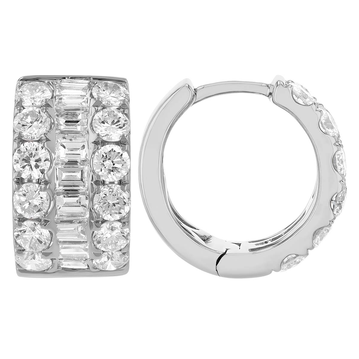 Baguette & Round Diamond Wide Huggie Hoop Earrings in White Gold, 2.10 cttw
