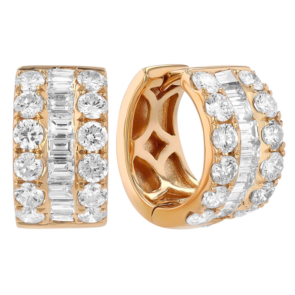 Baguette & Round Diamond Wide Huggie Hoop Earrings in Yellow Gold, 2.10 cttw