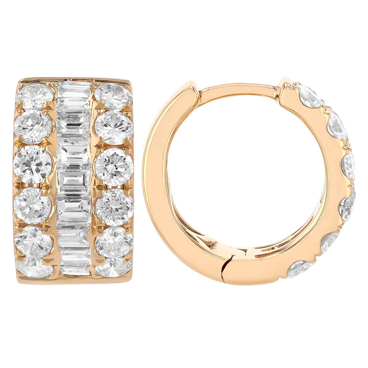 Baguette & Round Diamond Wide Huggie Hoop Earrings in Yellow Gold, 2.10 cttw