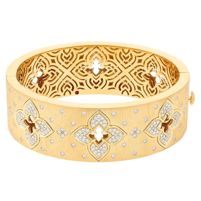 Roberto Coin Venetian Princess Diamond Flower Wide Bangle Bracelet in  Yellow Gold