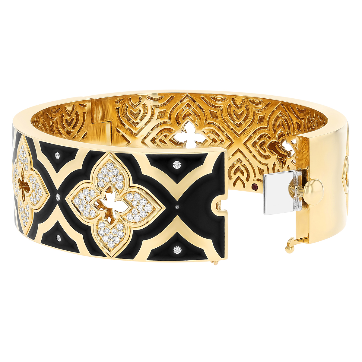 Roberto Coin Venetian Princess Diamond & Black Enamel Wide Bangle in Yellow Gold