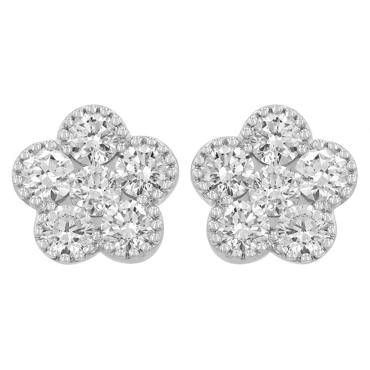 Diamond Cluster Flower Stud Earrings in White Gold