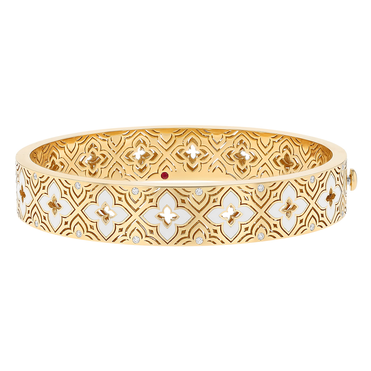 Roberto Coin Venetian Princess Diamond & White Enamel Etched Frame Bangle in Yellow Gold