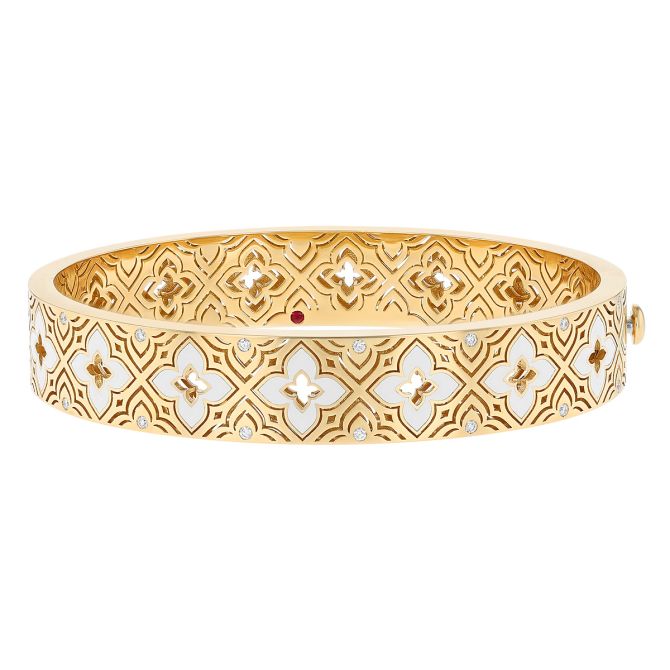 Roberto Coin Venetian Princess Diamond & White Enamel Etched Frame Bangle in Yellow Gold