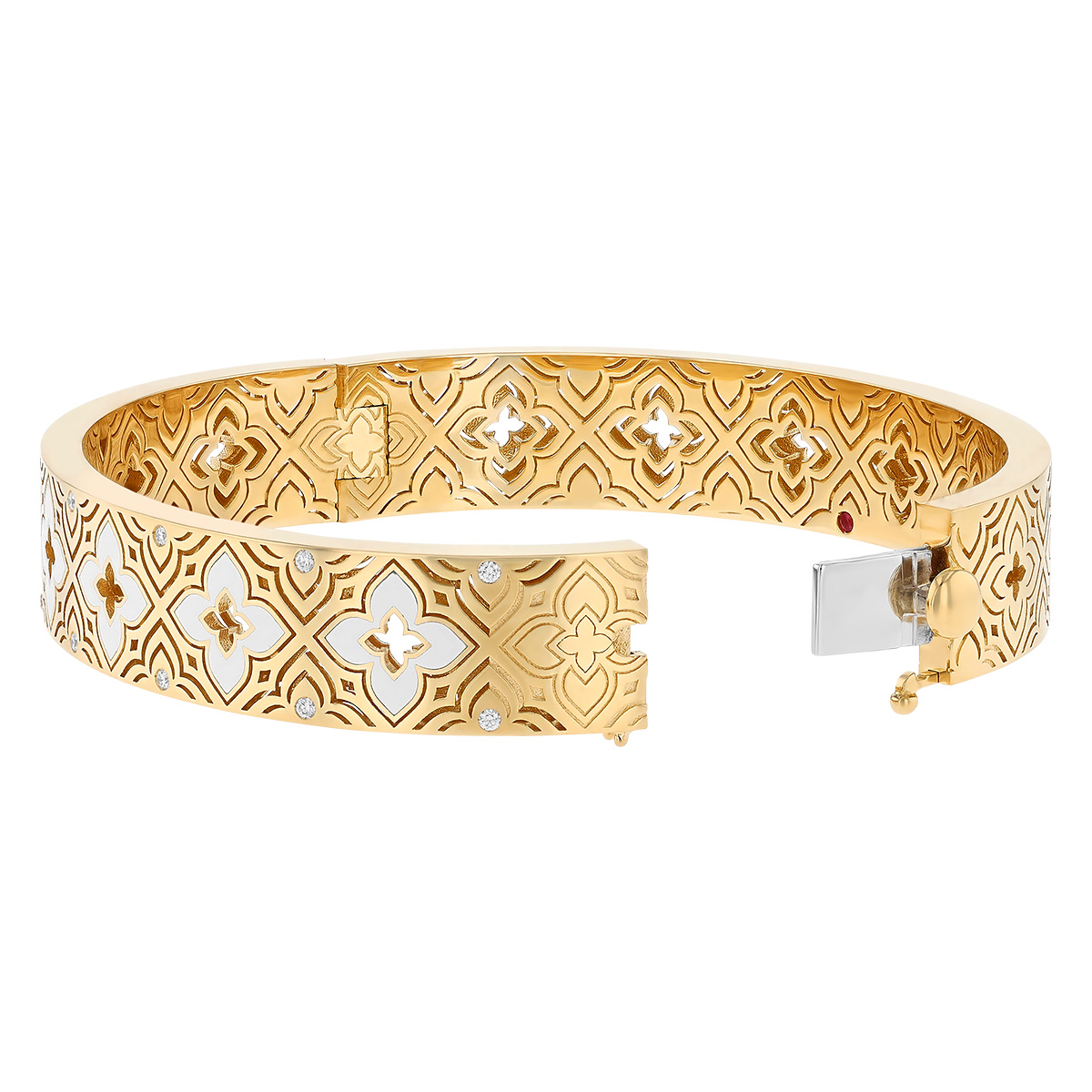 Roberto Coin Venetian Princess Diamond & White Enamel Etched Frame Bangle in Yellow Gold